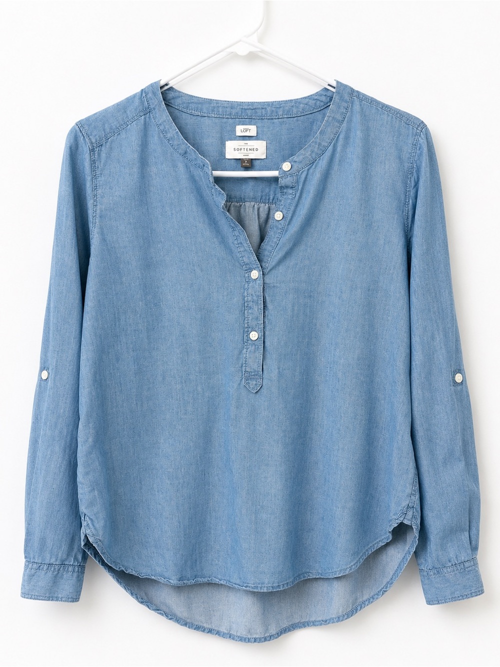 LOFT The Softened Shirt Chambray Popover Blouse Petite Small